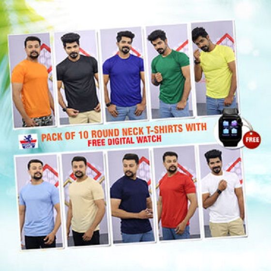 6)Fidato Pack of 10 Half Sleeves Round Neck T-shirts with Free Digital Watch