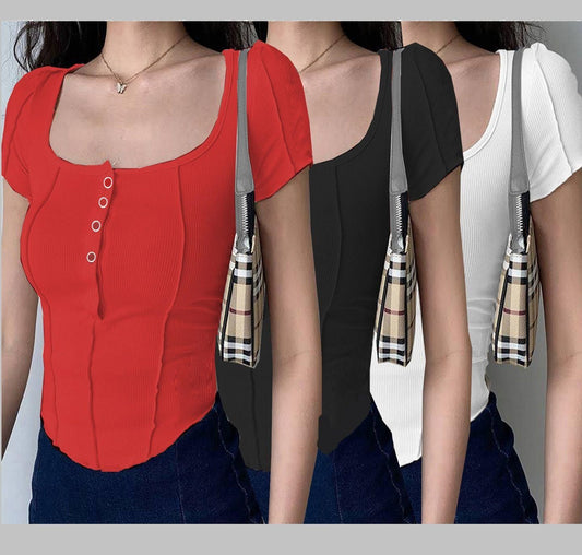 3) Clafoutis pack of 3 women new design button down crop top