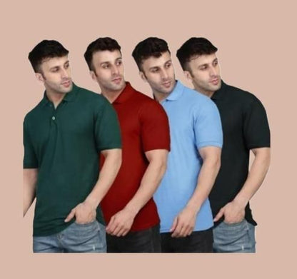 Cotton Solid  Mens Polo Neck T-Shirt (Pack of 4)